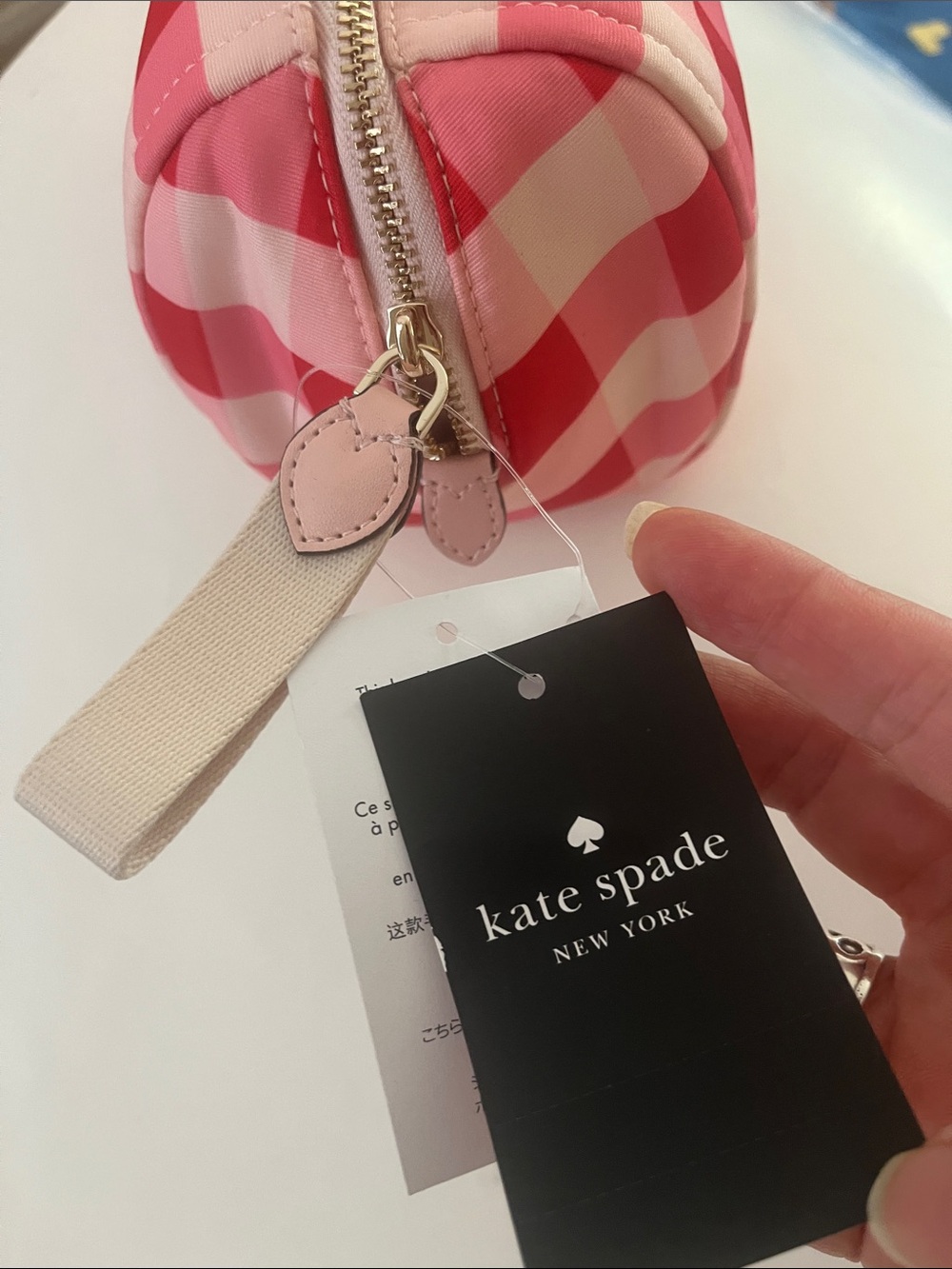 kate spade Pink and White Gingham Makeup Pouch with Gold Logo - Picture 3 of 6
